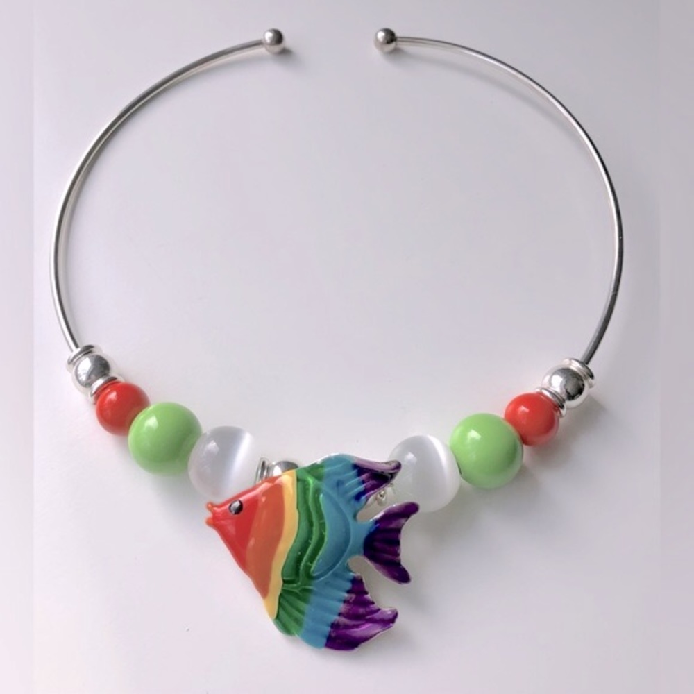 🎉Silver Collar Necklace with Vintage MJ Signed Tropical Fish Pendant and Beads
